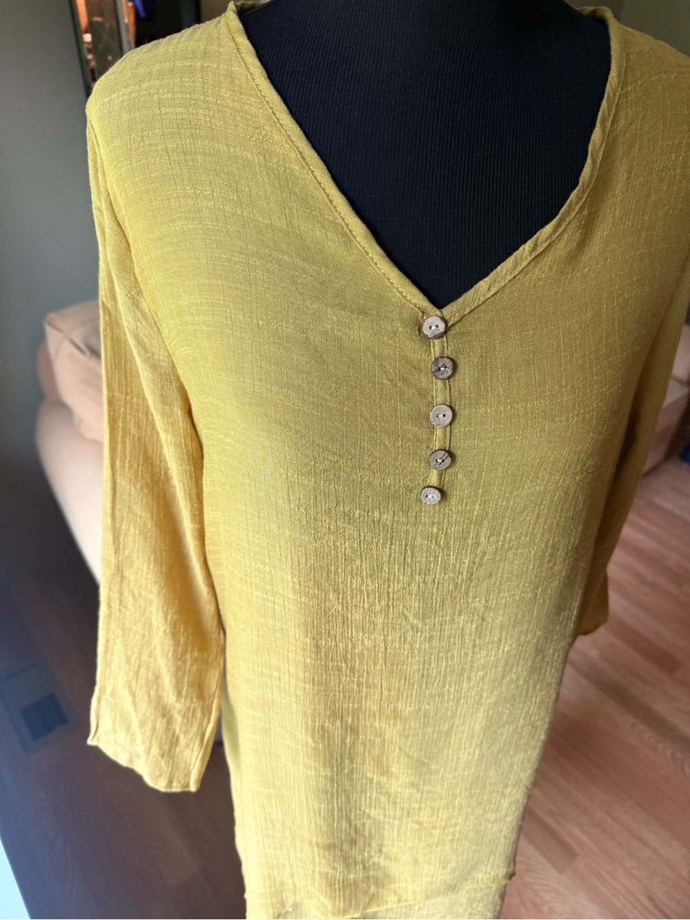 Dayou Relaxed V-Neck Button-Front Women's Dress Mustard Yellow Medium